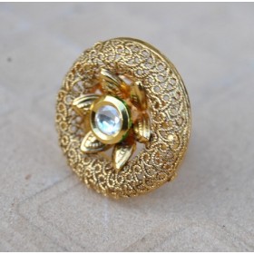 Intricately Designed Cocktail Finger Ring Studded with Kundan